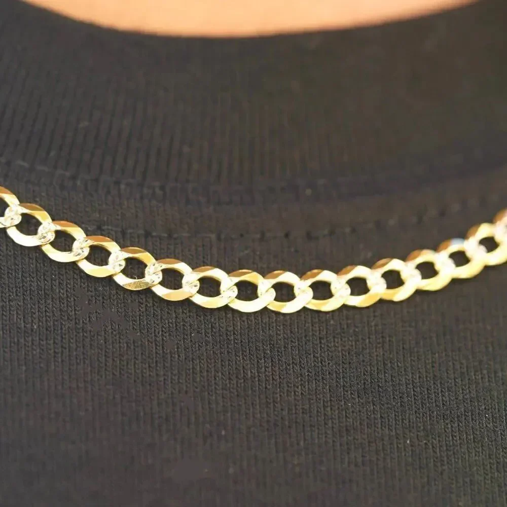 14K Solid Gold 4mm Cuban White Pave Chain Necklace | Elegant Gold Jewelry